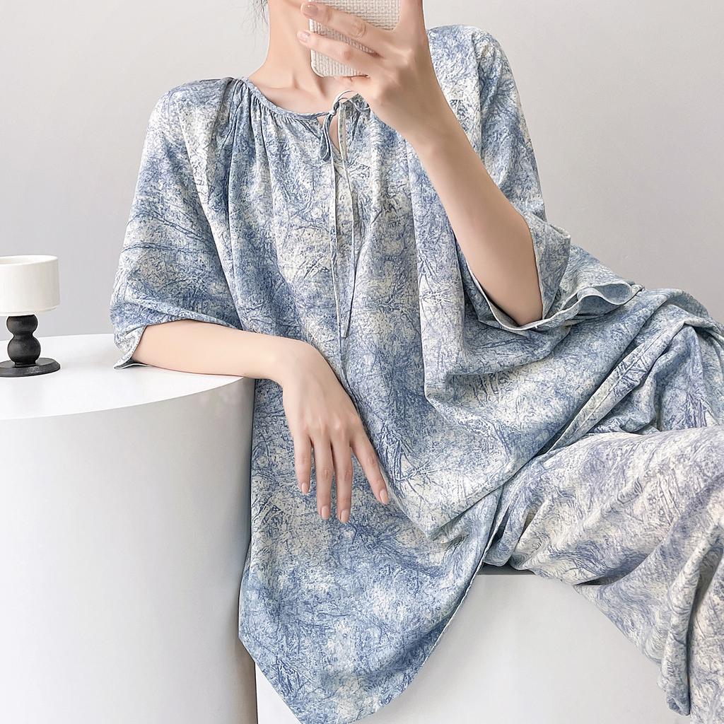 1011 new short-sleeved cotton and silk pajamas for women's summer thin printing loose and relaxed loungewear suit