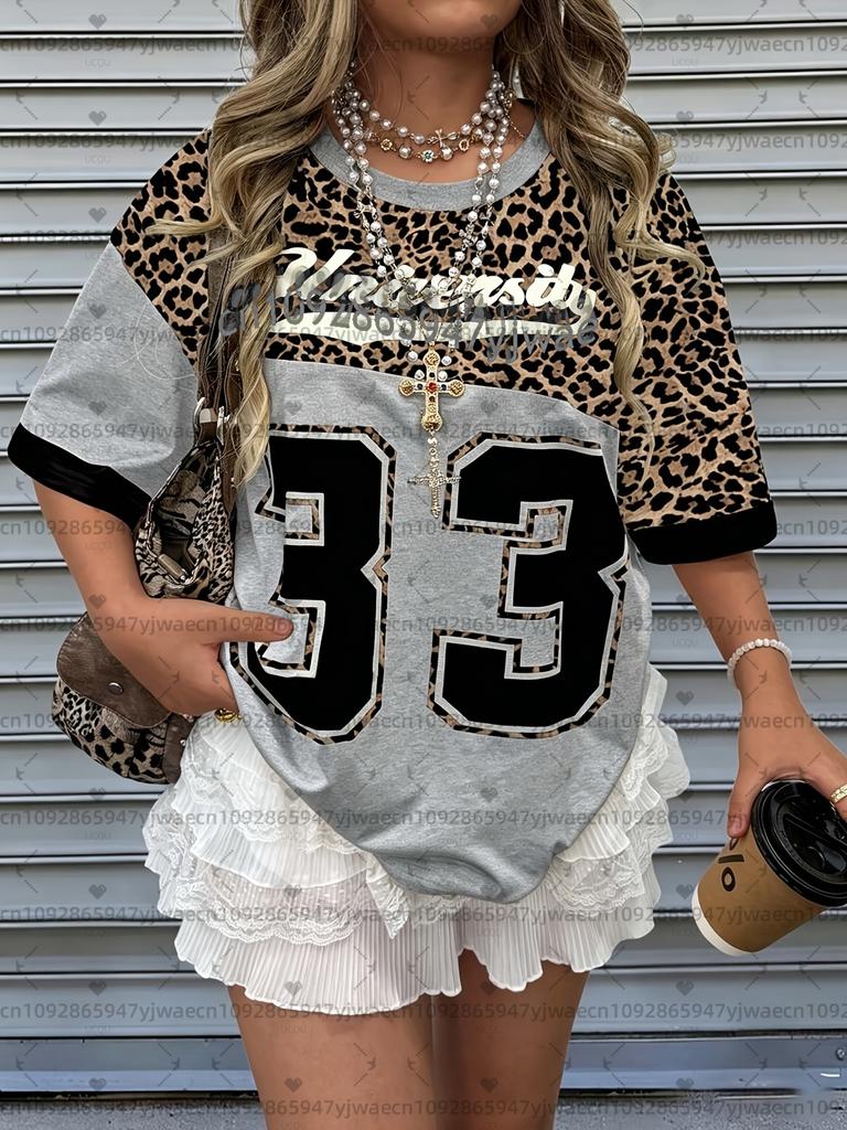 2026 Womens Casual Leopard Print Number 33 Pattern Women  T-Shirt Girl Round Neck Tee Outdoor Sports Plus-Size Women's Clothing