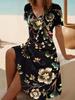 Women's Floral Print V-Neck Short Sleeve Dress,Black Background with Multicolor Flowers,Casual Beach Dress