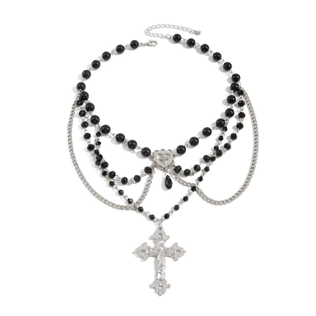 SHIXIN Gothic Multilayer Black Acrylic Bead Chain Choker Necklace for Women Retro Jesus Cross Pendant Necklace Halloween Jewelry