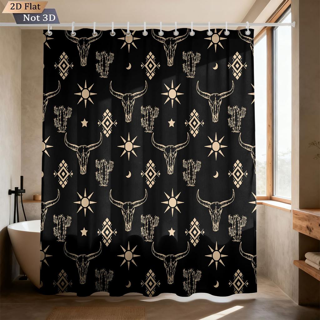 1 Piece Retro Horn Print Waterproof Shower Curtain Partition Privacy Hanging Curtain With 12 Hooks In Multiple Sizes