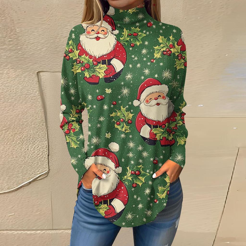 Women's Fashionable Loose-Fit High-Neck T-Shirt With Christmas Print Long-Sleeved Top