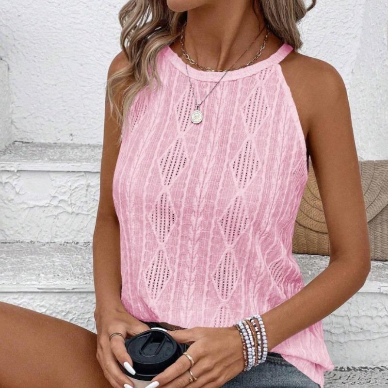 Summer Hollow Out Halter Sexy Casual Shirts for Women Fashion Tops Slim Solid Elegant Loose Woman Blouse Vintage Sleeveless Shirt Women Clothing 26603