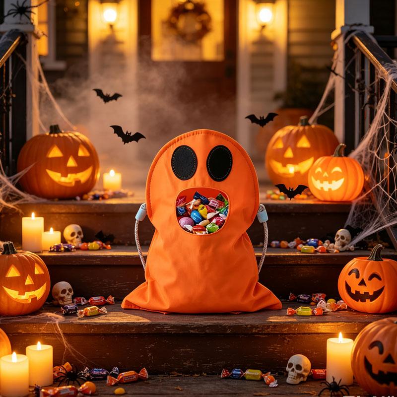 1-10PCS Halloween Ghost Pattern Non Woven Treat Bags with Handles for Kids Trick or Treat Party Favor Candy Goodie Tote