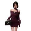 One-Shoulder Lavender Halter Dress - Trendy Autumn/Winter Hip-Hugging Style with Long Sleeves.