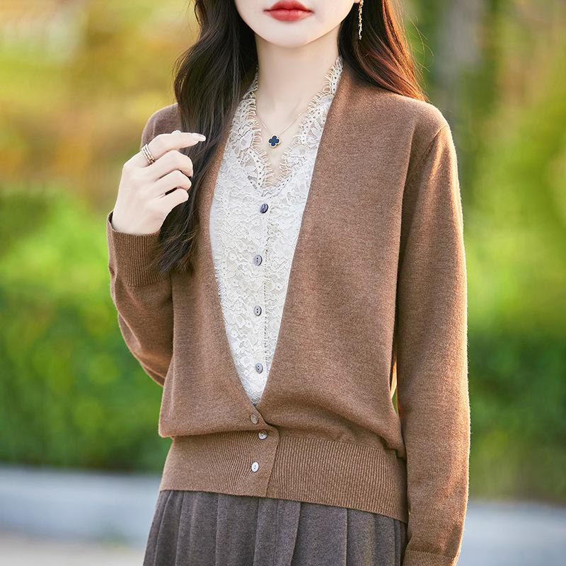 V-Neck Lace Knit Wool Cardigan Sweater - Faux Two-Piece, Long Sleeve Base Layer Top