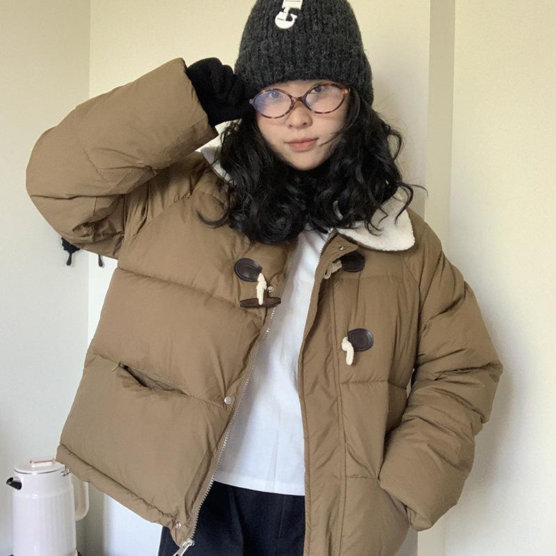 Lamb wool cotton jacket women's 2025 new winter cropped Korean jacket horn buckle down padded jacket thickened