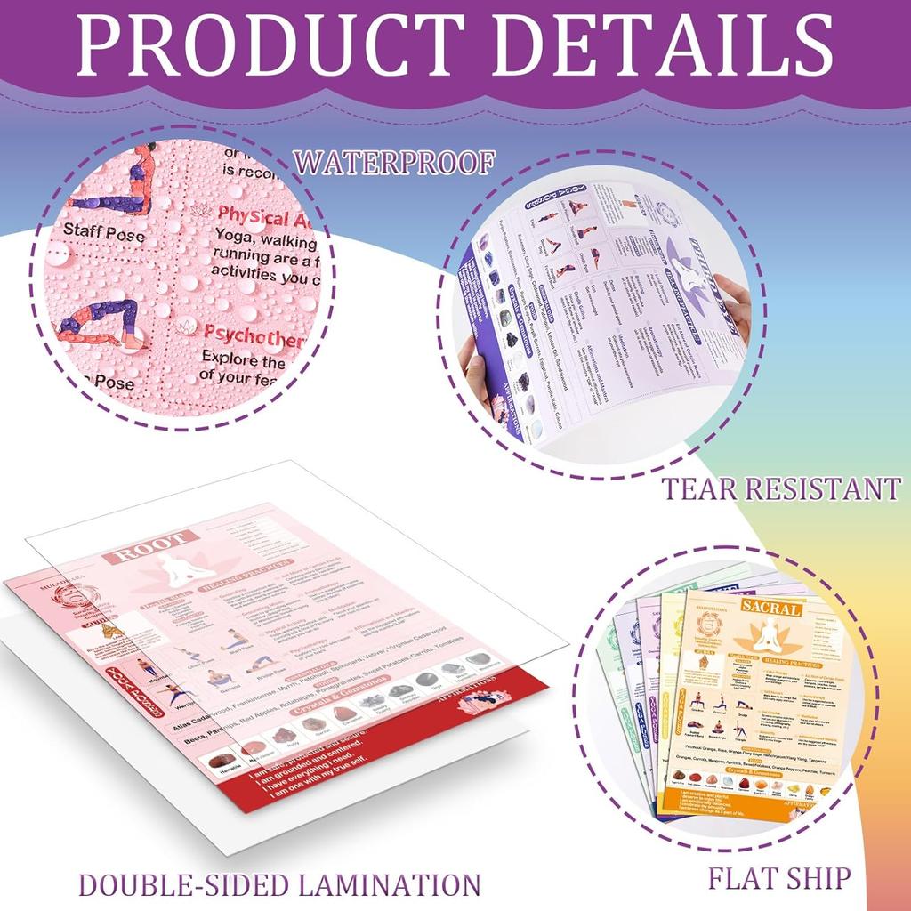 11pcs Chakras Posters (14.2 x 11.0 in) Yoga Poses Posters Set, Healing Meditation Yoga Pose with Crystals & Affirmations Quick Reference Guide,