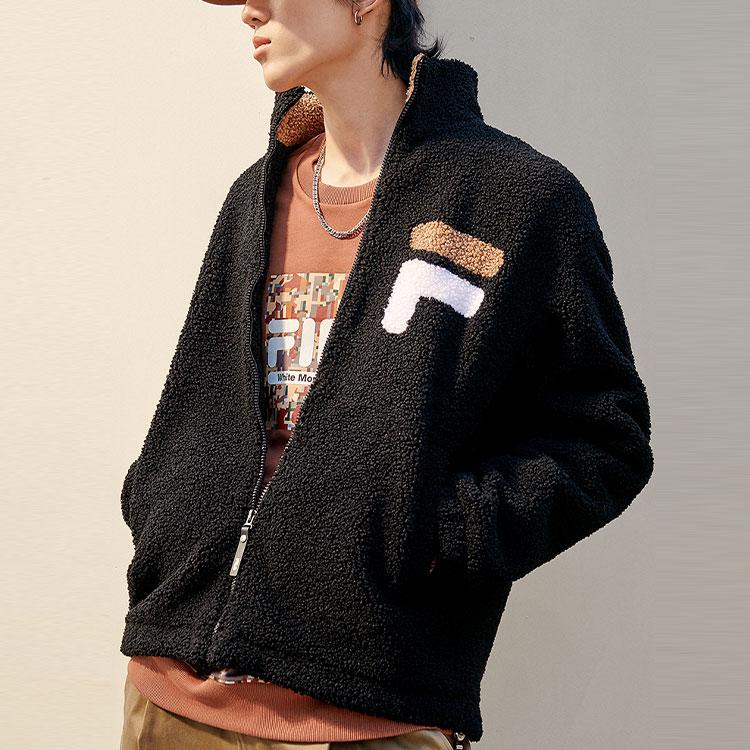FILA Logo Casual Sports Warm Stand Collar Faux Lamb Wool Jacket Men Jacket Black F11M149505FBK