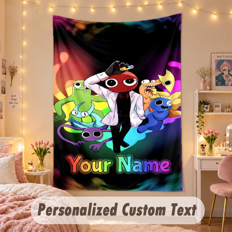 Custom Personalized Tapestry,Rainbow Friends Print Custom Name Text Wall Art Hanging for Bedroom