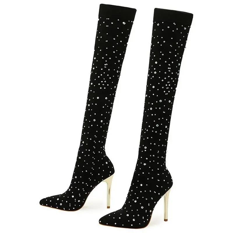 Women Stretch Fabric High Heel Long Boots Sexy Rhinestone Over The Knee Boots for Office Nightclub Party Pub Banquet Host Model 35 чёрный 3870₽