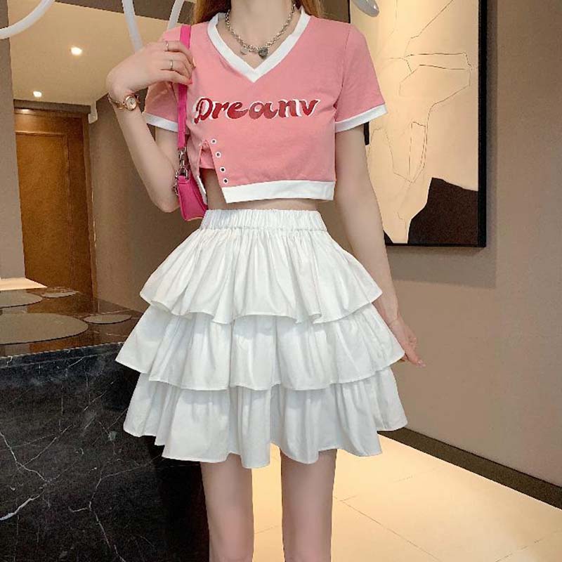 Black and White Check Cake Skirt Women's Elastic Waist A-word Ruffle Edge Pleats Puffy Skirt Sexy Sweet Gothic Preppy Style Spring Summer