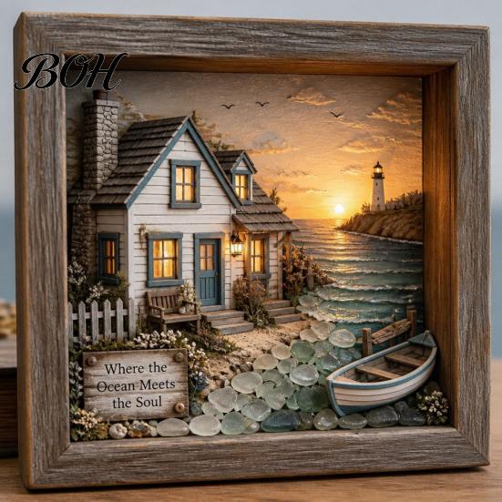 Exquisite Design Ornament Sea Glass Art Painting with LED Light, DIY Mosaic Arts and Craft Kit, Picture Frame Lamp Ocean Themed Beach Kit for