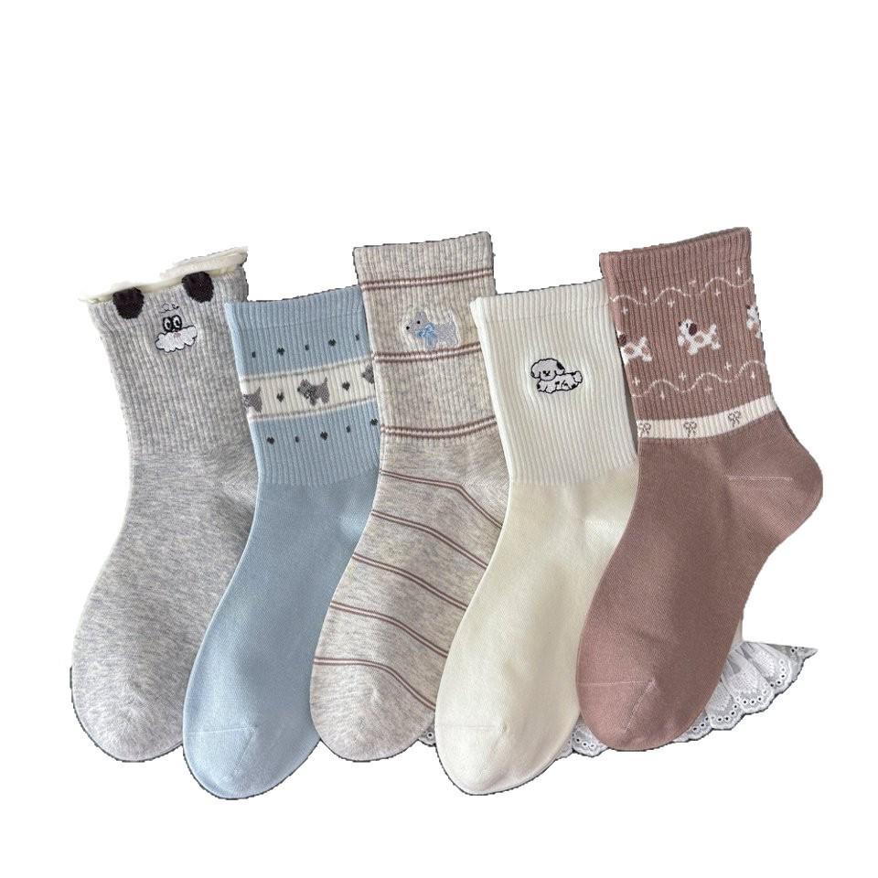 Cute Puppy Embroidered Mid-Calf Socks - Spring/Summer Japanese Style Rolled Cuff Cotton Socks for Girls
