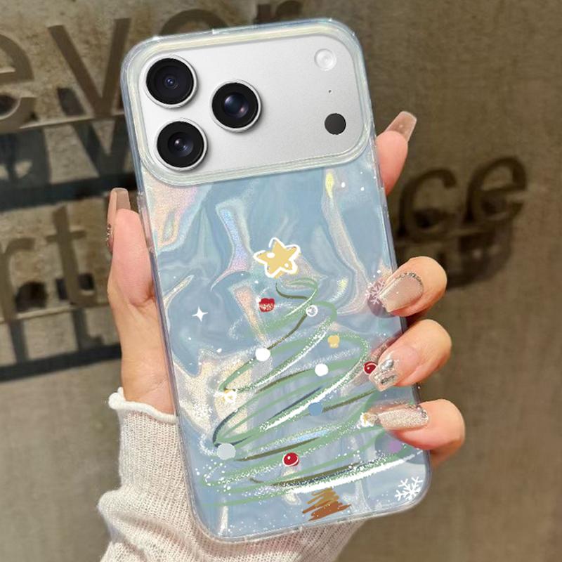 Cartoon Christmas Tree Pattern Phone Case For iPhone 17 Air 16e 16 15 14 Pro Max 13 17 Pro Max Shockproof TPU Hybrid Hard PC Phone Cover