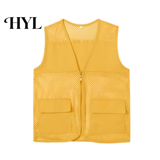 Vest Coat Hollow Out Zipper Placket Double Pockets V-neck Work Volunteer Bright Color Loose Fit Unisex Waistcoat