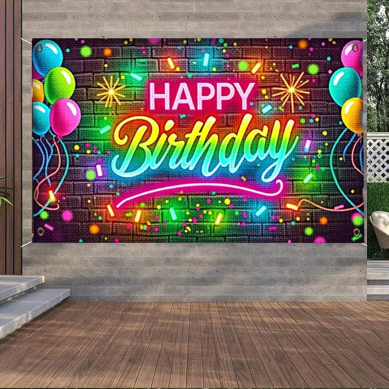 2D Glow Neon Happy Birthday Backdrop Photography Background for Kids Party