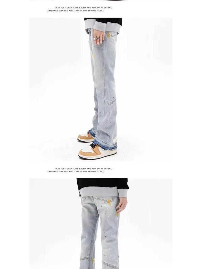 Pánské džíny do zvonu ve streetovém stylu s cákanci inkoustu pro jaro a podzim - Trendy, ležérní, volné, slim fit