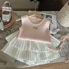 Korean-Style 2024 Summer Girls' Knit Vest & Pleated Skirt-Pants Set
