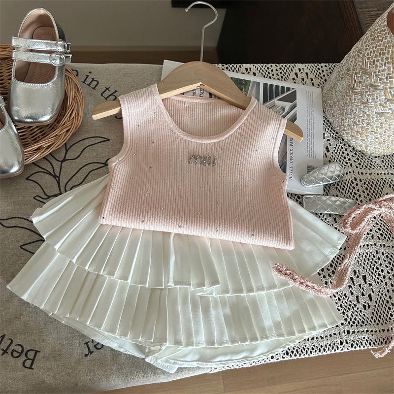 Korean-Style 2024 Summer Girls' Knit Vest & Pleated Skirt-Pants Set