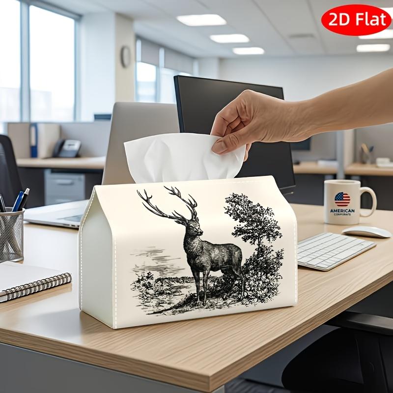 2D Flat, 1pc Tissue Box, Printed on Both Sides, Versatile Tissue Holder Featuring a Deer on a Beige Linen Pattern Sturdy Polyester Storage Solution fo