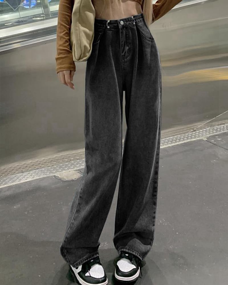 HIMATI Denim Jeans with Loose Wide Leg Comfortable Perfect for Commuting Gray M Women's High-Waisted Waist-Shaping Tucks, Fit, Jeans, Fit,