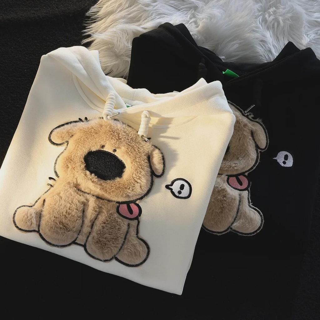 Women's Autumn Casual Furry Puppy Embroidered Pullover Hoodie - Loose Fit, Long Sleeve, Couple's Style