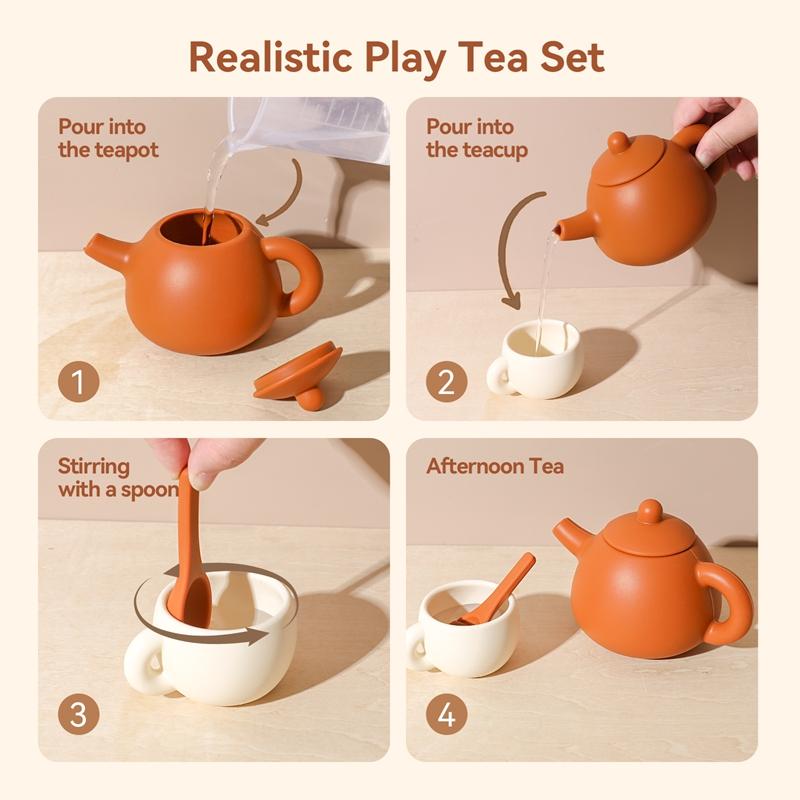 Montessori Afternoon Tea Set Baby Teething Toy Kids Simulated Kitchen Silicone Teapot Teacups Infant Early Education Toy Gift