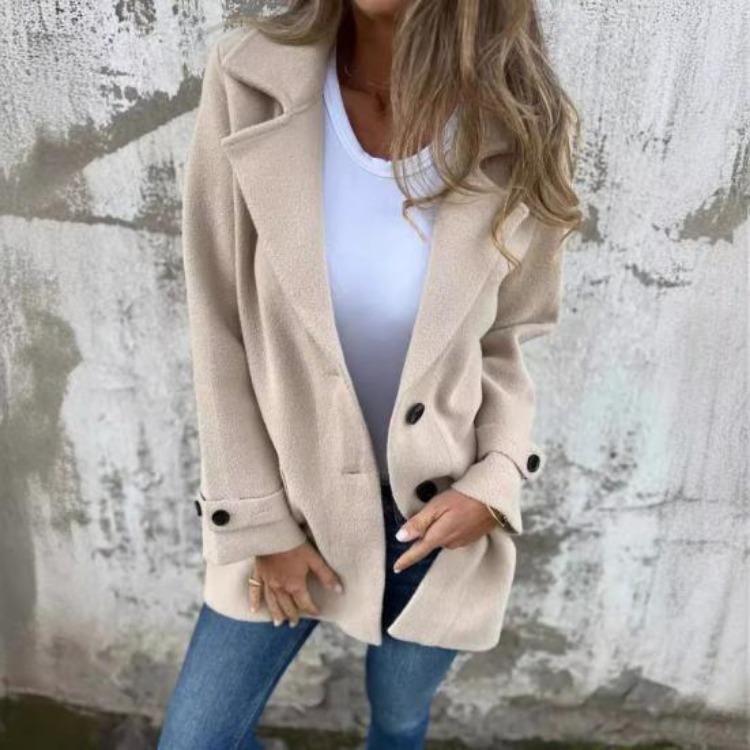 Manteau en laine de couleur unie pour femmes, mi-long, à revers, manches longues, simple boutonnage, vêtement d'extérieur avec poches latérales, style pour les déplacements