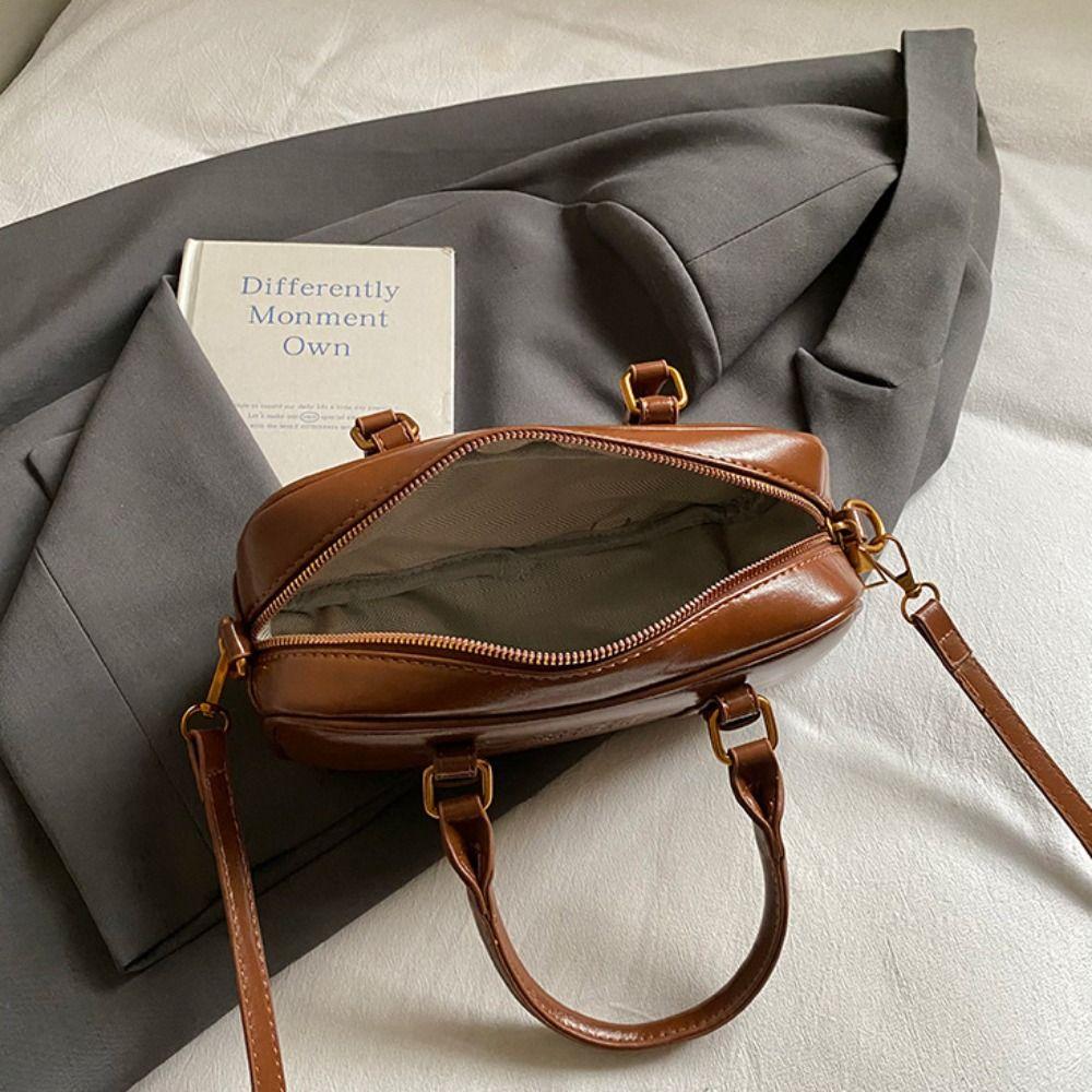 Elegant PU Leather Bowling Bag Solid Color Korean Style PU Boston Bag Handbag Large Capacity Sling Bag Outdoor