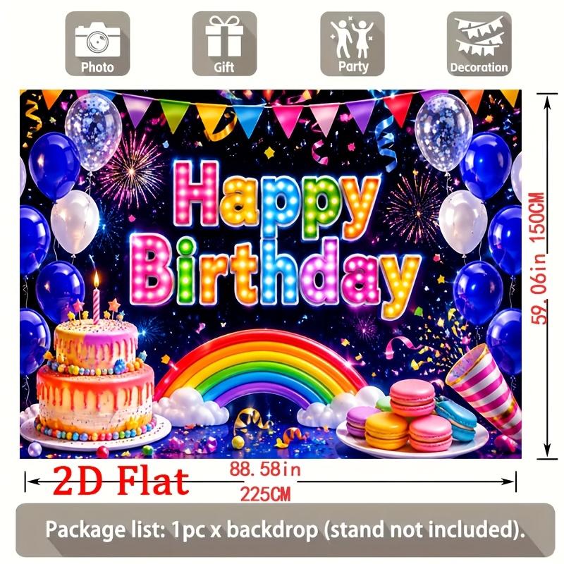 Vibrant Rainbow Arch with Glossy Balloons, Glittering Fireworks, Tiered Drip Cake and Colorful Macarons, Happy Birthday Banner Backdrop
