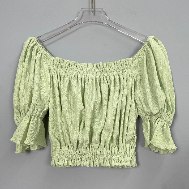 Korean Ruffled Off-Shoulder Puff Sleeve Lace Cropped Top