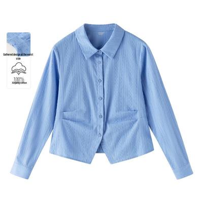 INMAN Cotton Textured Ruched Waist Long-Sleeve Shirt