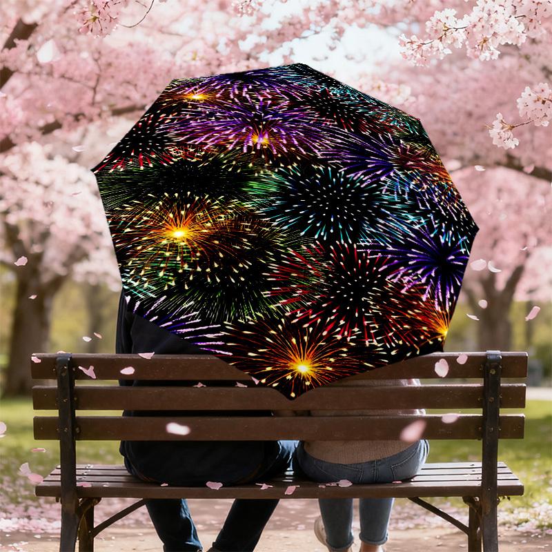 1PC Fireworks Pattern Automatic Open/Close Umbrella with Windproof, 8-Rib Sturdy Canopy, Durable Ribs, Fashionable Design, Outdoor Accessory, Fun Prin