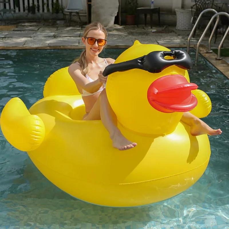 Giant Inflatable Yellow Duck Pool Float with Sunglasses, Large Ride-On Swimming Floatie for Adults Summer Pool Beach Party
