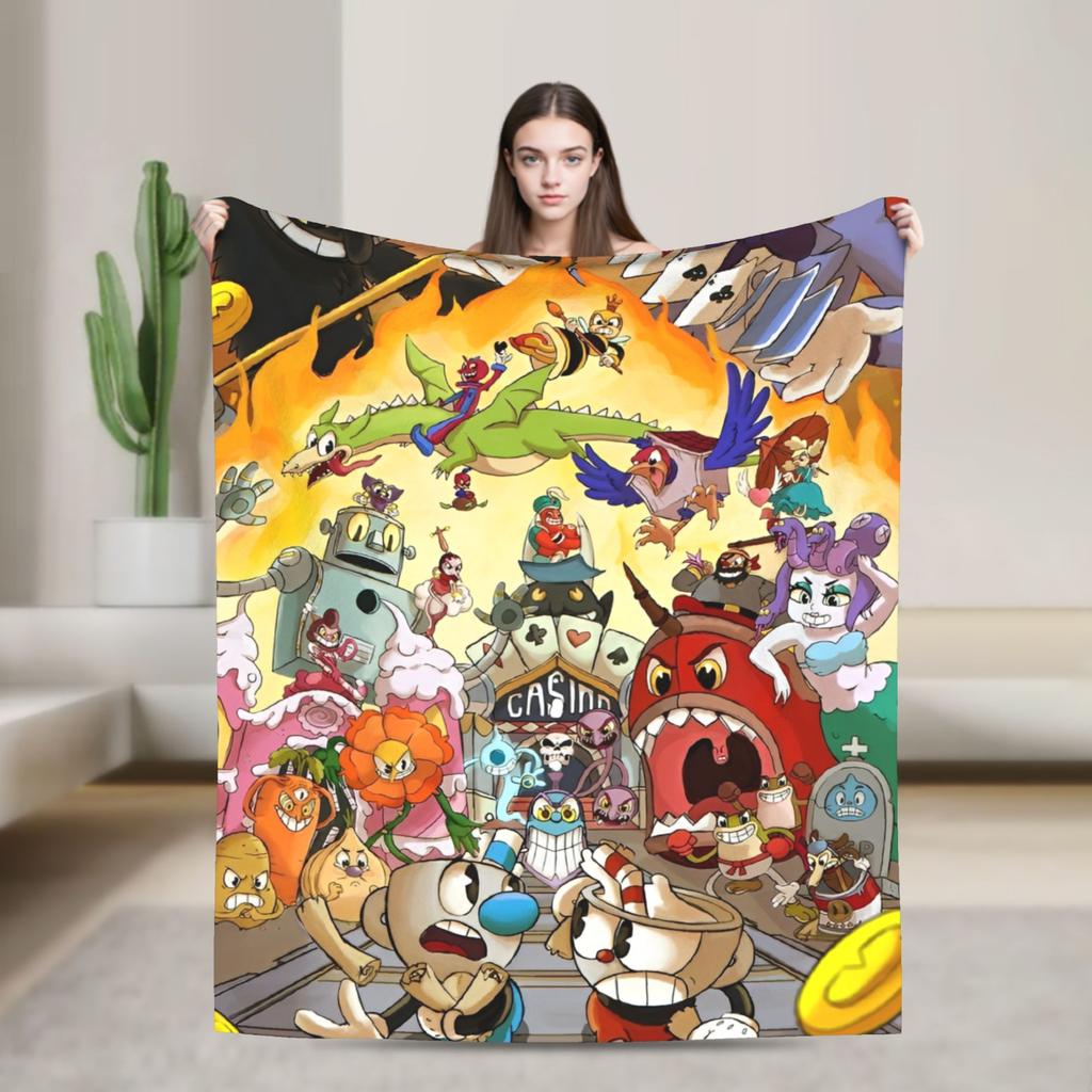 Cuphead cartoon Flannel Blankets Super Warm Throw Blanket for Couch Chair Camping Fashion Bedspread Sofa Bed Cover