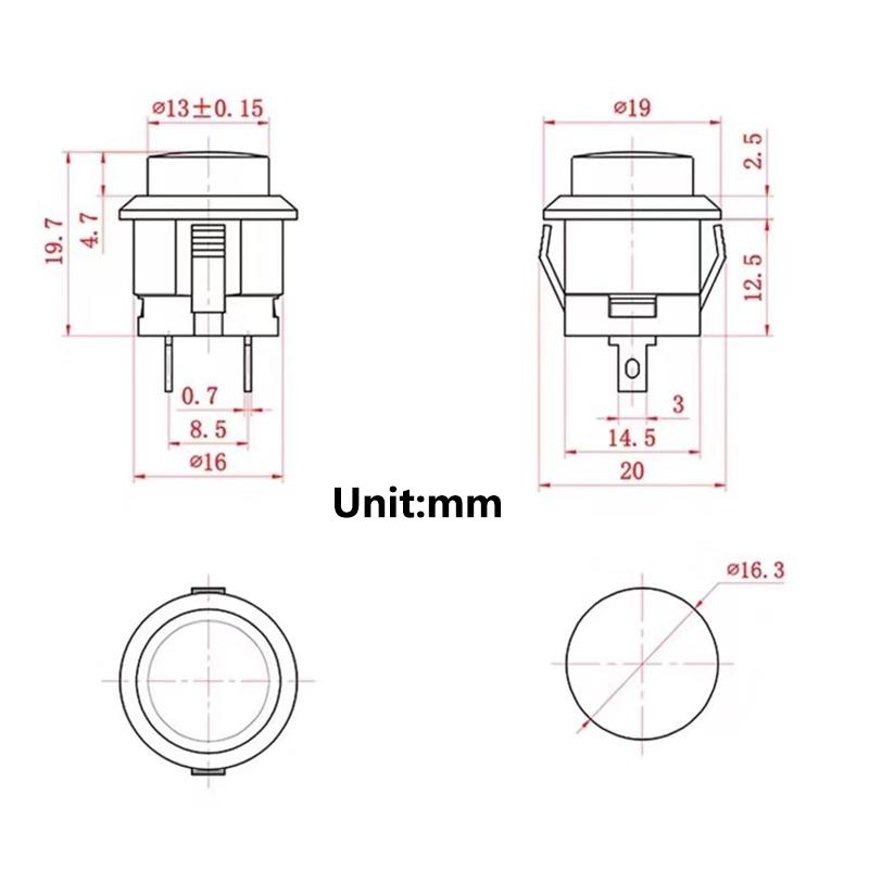 5/20PCS R13-507 Snap on Button Inching Switch 16MM Round Lockless Self Reset Switch Panel Mounting 3A125V/1.5A250VAC