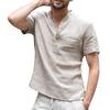 Men Solid Color Button V Neck Patch Pocket Linen Short Sleeve T-Shirt Summer Top