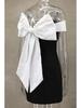 One-Shoulder Black & White A-Line Dress with Bow - Waist-Defining Design, Spring/Summer
