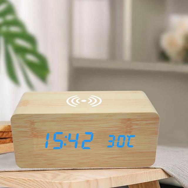 Wireless LED Wood Clock: Digital Alarm with Thermometer, Calendar & Charging Function