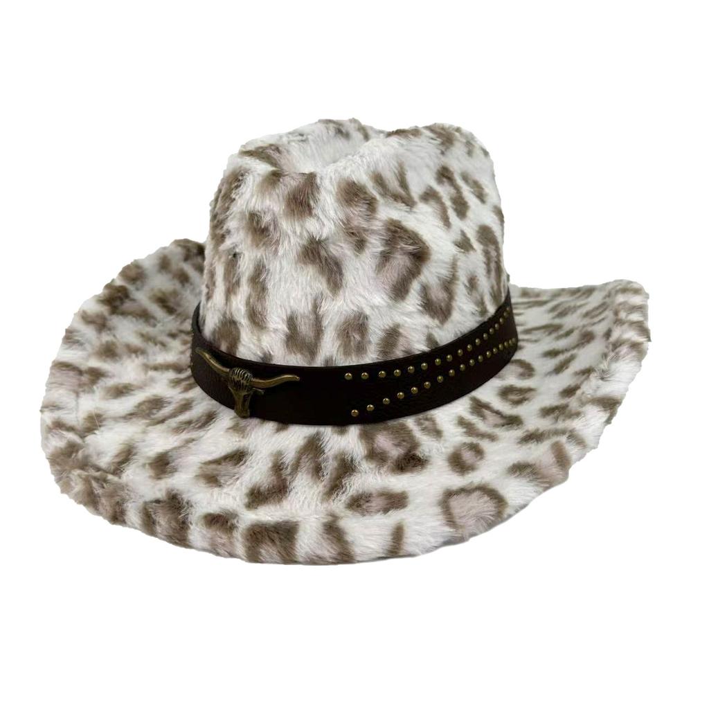 Autumn And Winter New Leopard Print Western Cowboy Hat Plush Thickened Top Hat Men'S And Women'S Thermal Basin Hat