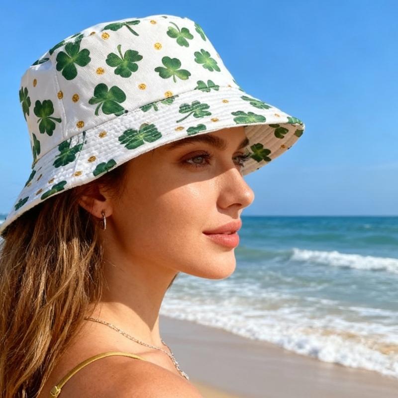 StPatricks Day Shamrock Fisherman Hat Digital Print Breathable Polyester Fabric Sun Protective Foldable Design Headwear