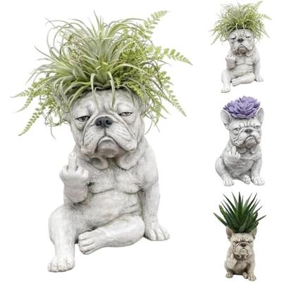 Funny French Bulldog Planter Pot, Resin Dog Statue Succulent Planter, Middle Finger Gesture Decorative Sculpture for Home Garden Office Desk Decor,