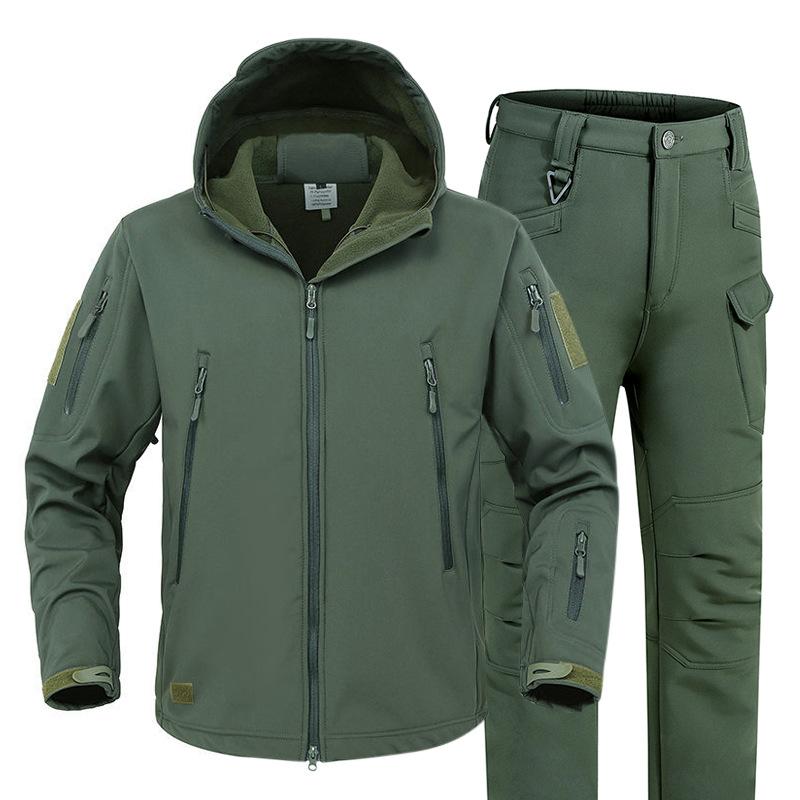 

Men s Hiking Jackets Outdoor Soft Shell Suits Waterproof Camouflage Pants Tactical Hooded Fleece Coat Winter Gift Belt S зелений