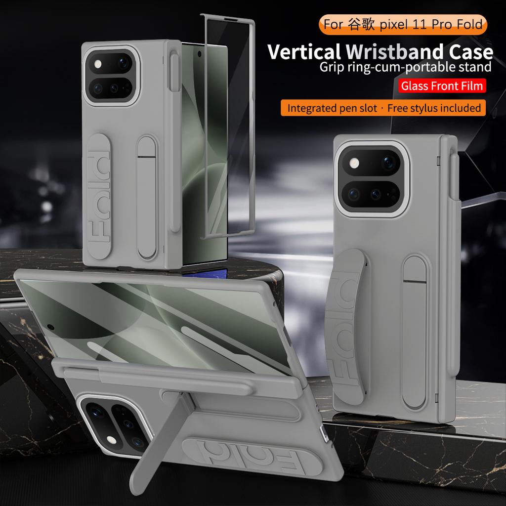 For Google Pixel 11 10 Pro Fold Vertical Wristband Case Grip Ring-Cum-Portable Stand Pen Slot Hinge Protection Free Stylus Cover