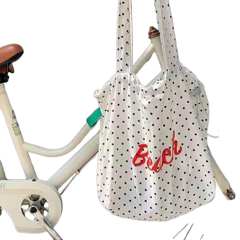 2025 Polka Dot Small Fresh New Shoulder Canvas Bag Tote Large Capacity Retro Ins Travel Letters Niche Han