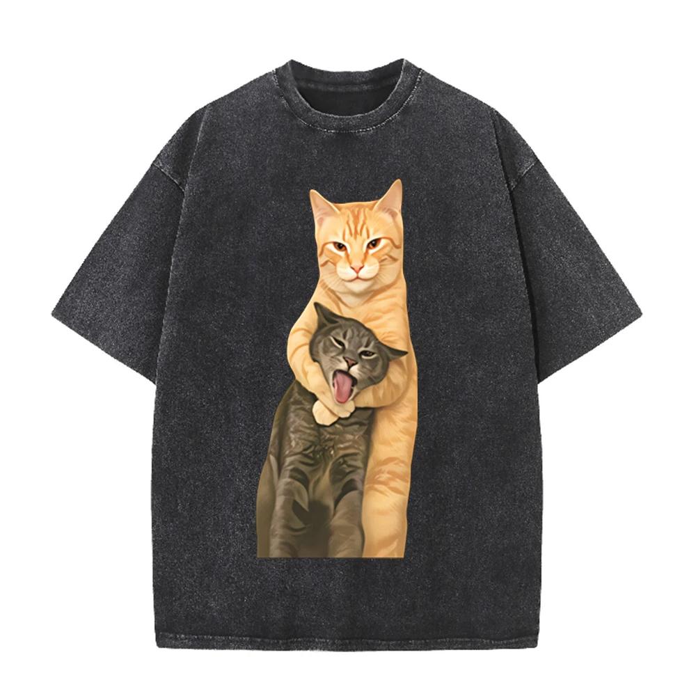2026 Funny Hugging Orange Tabby And Gray Cat Graphic Black Acid Washed T Shirt Cute Pet Meme Casual Oversized Unisex Short Sleev