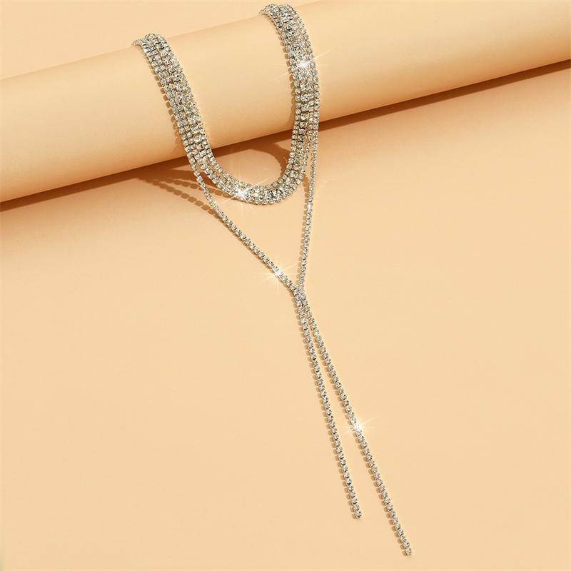 Multi-Row Rhinestone Long Tassel Necklace for Women Light Luxury Elegant Black Crystal Chain Necklace Aesthetic Jewelry Gifts