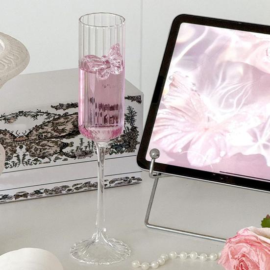Yousheng Wine Glass Champagne Flutes with 3D Pink Butterfly Decoration Faux Crystal Glass Wedding Party Anniversary Wine Glasses