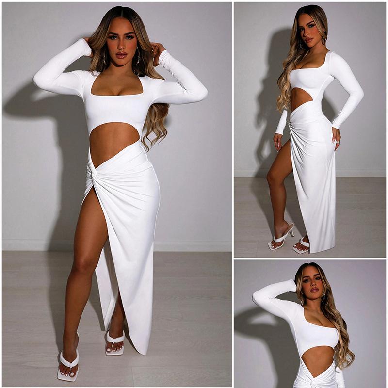 European and American Spring and Autumn Women's Sexy Street Fashion Hollowed Out Square Neck Slit Dress
